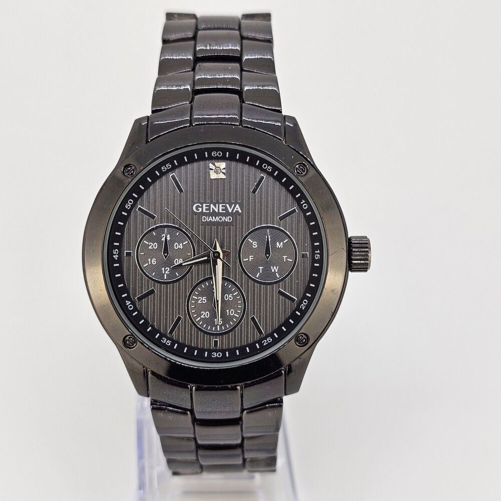 Geneva Diamond Men Quartz Watch 42MM Black Dial Bracelet Band‎ 7.75" New Battery